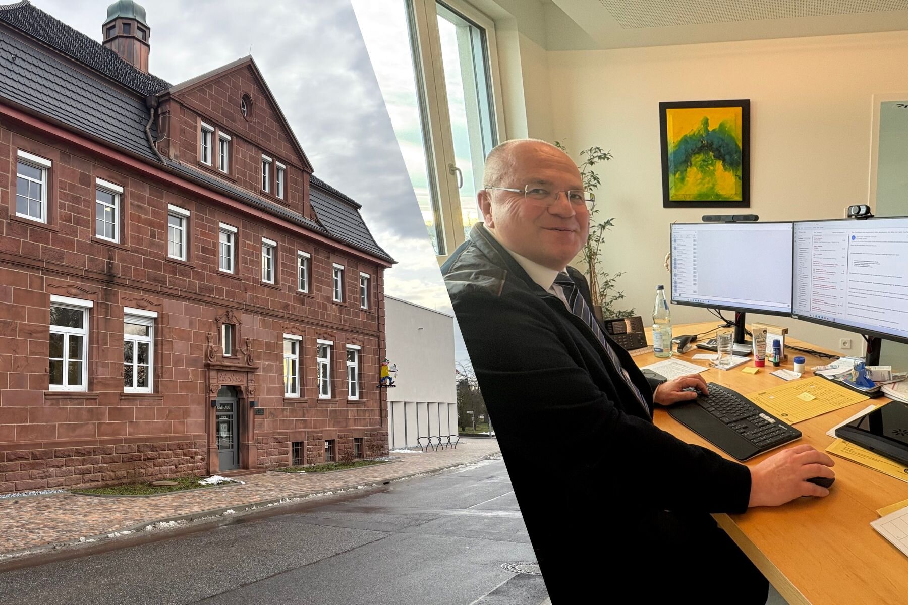 Zweigeteiltes Bild: Links rotes Backsteingebäude, rechts Mann am Schreibtisch mit Monitoren.