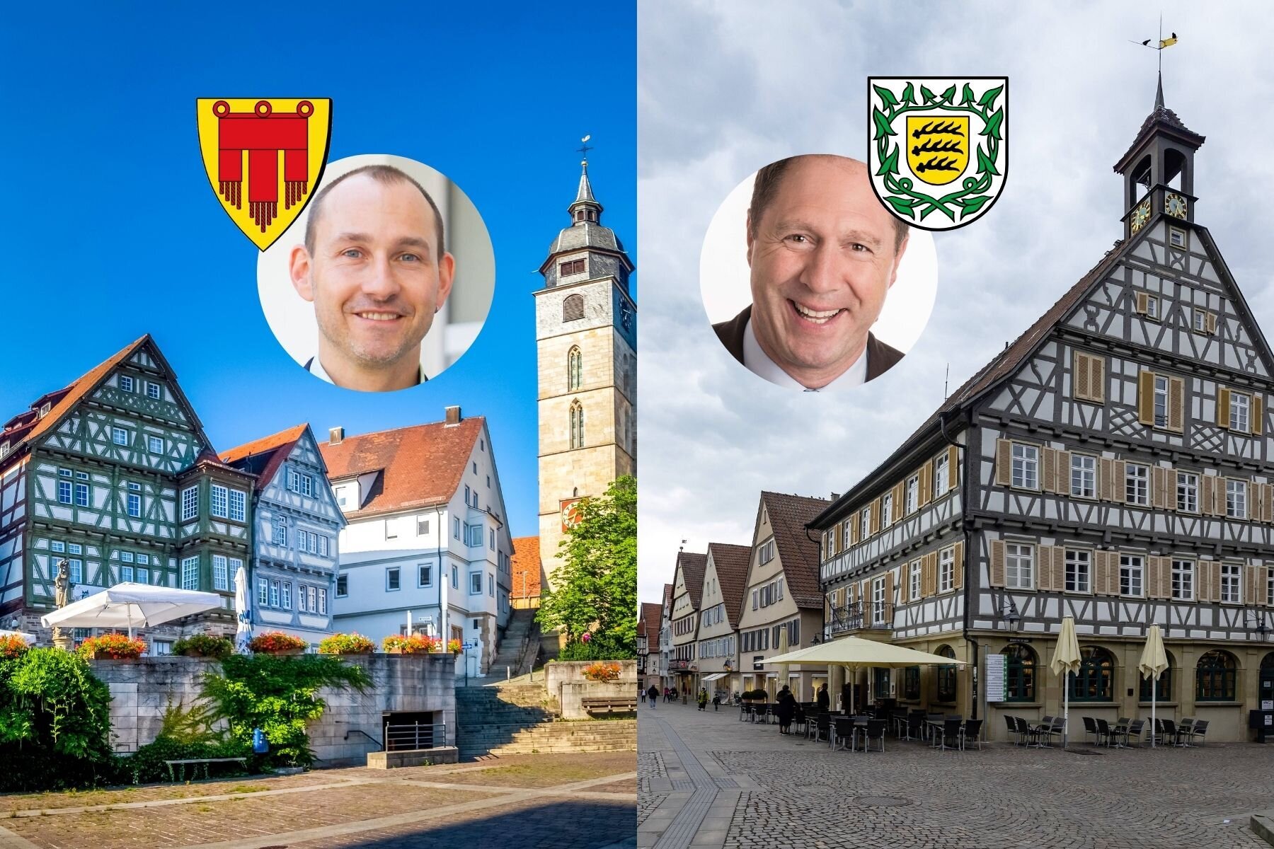 Links Fachwerkhäuser und Kirchturm, rechts Fachwerkhaus mit Turm, je ein Porträt.