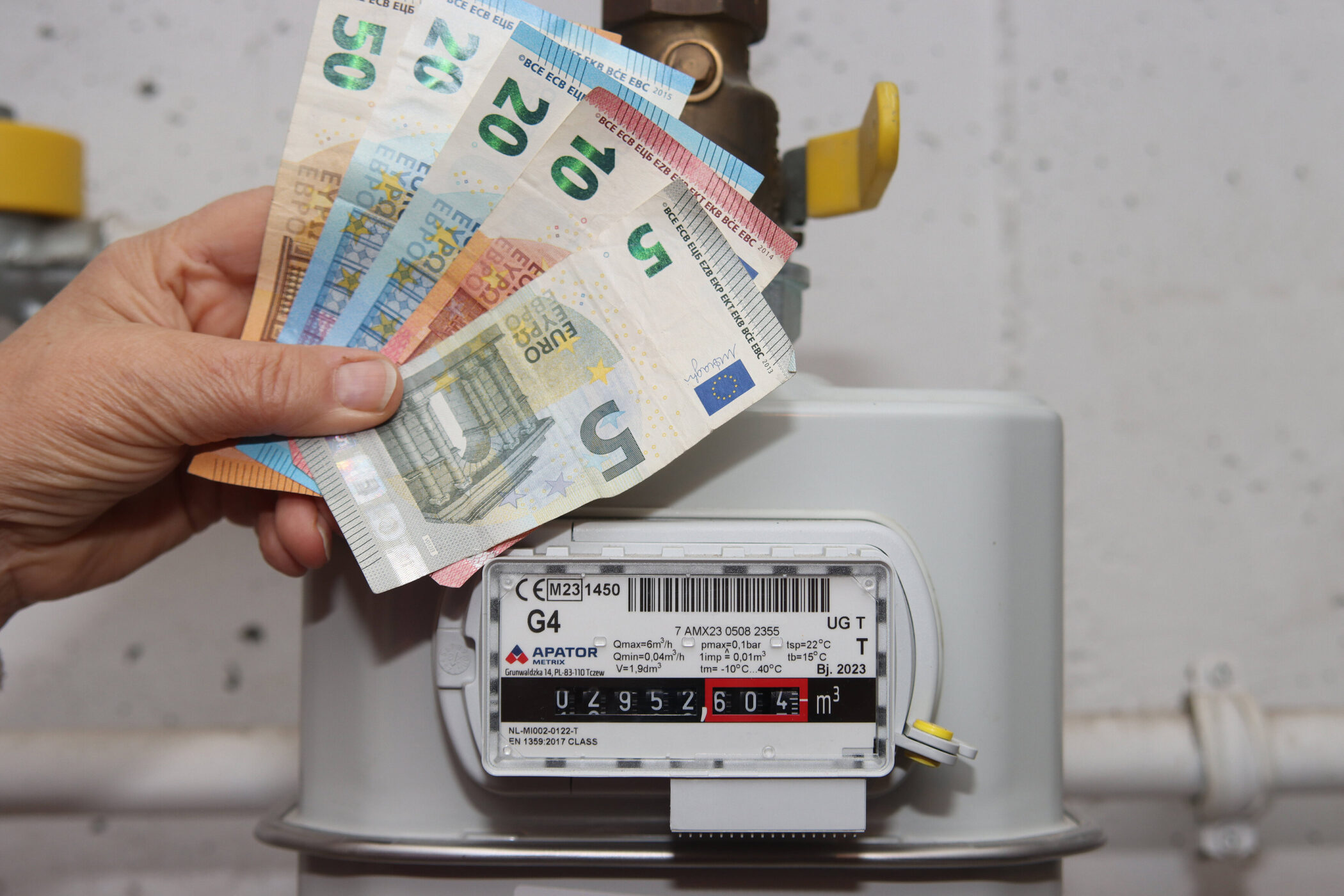 Hand hält Euro-Geldscheine vor einem Gaszähler mit sichtbarem Zählerstand.