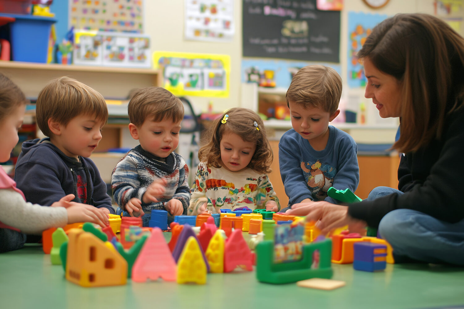 Fünf Kinder und eine Frau spielen mit bunten Bauklötzen auf dem Boden.