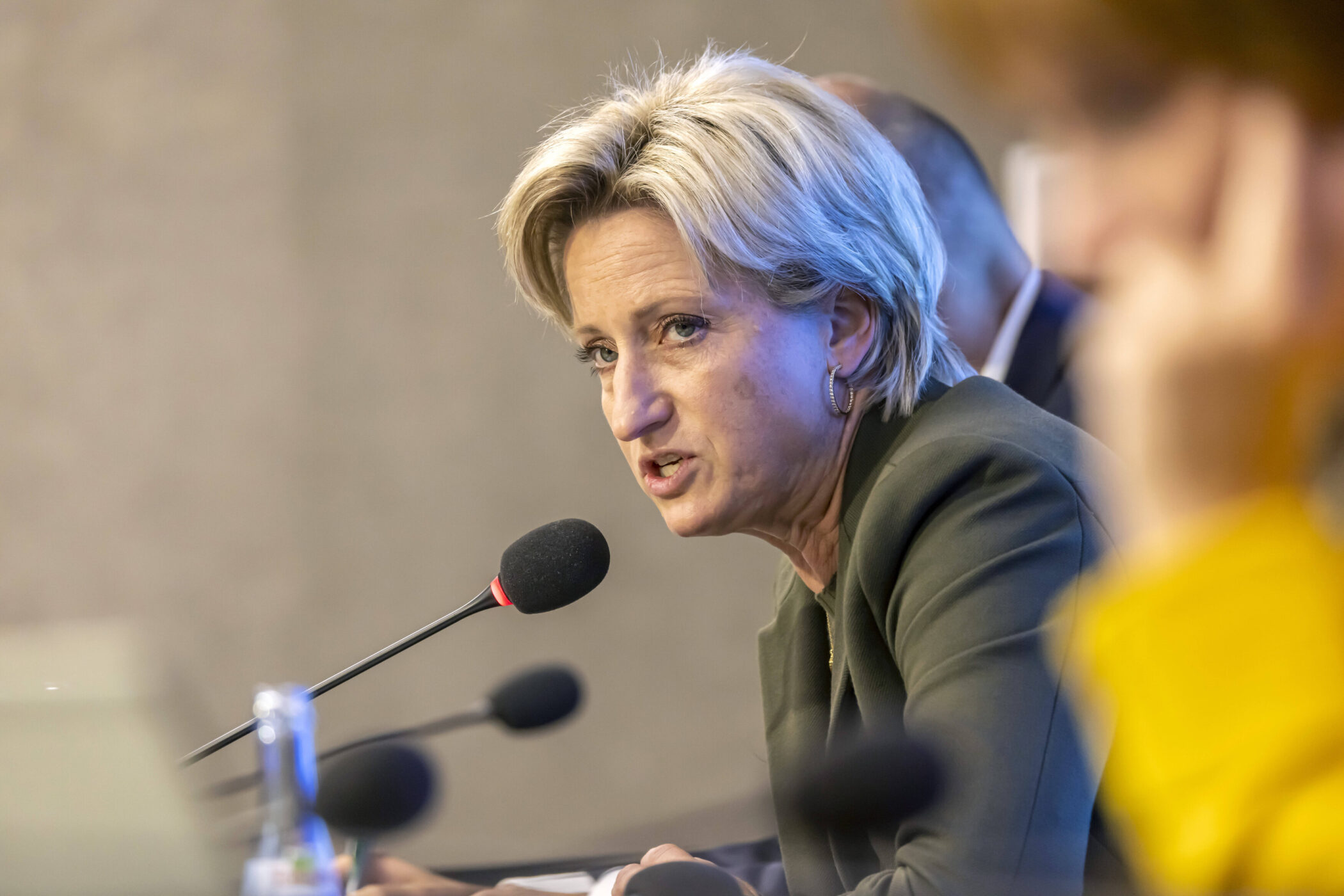 Frau spricht in ein Mikrofon, weitere Personen unscharf im Hintergrund.