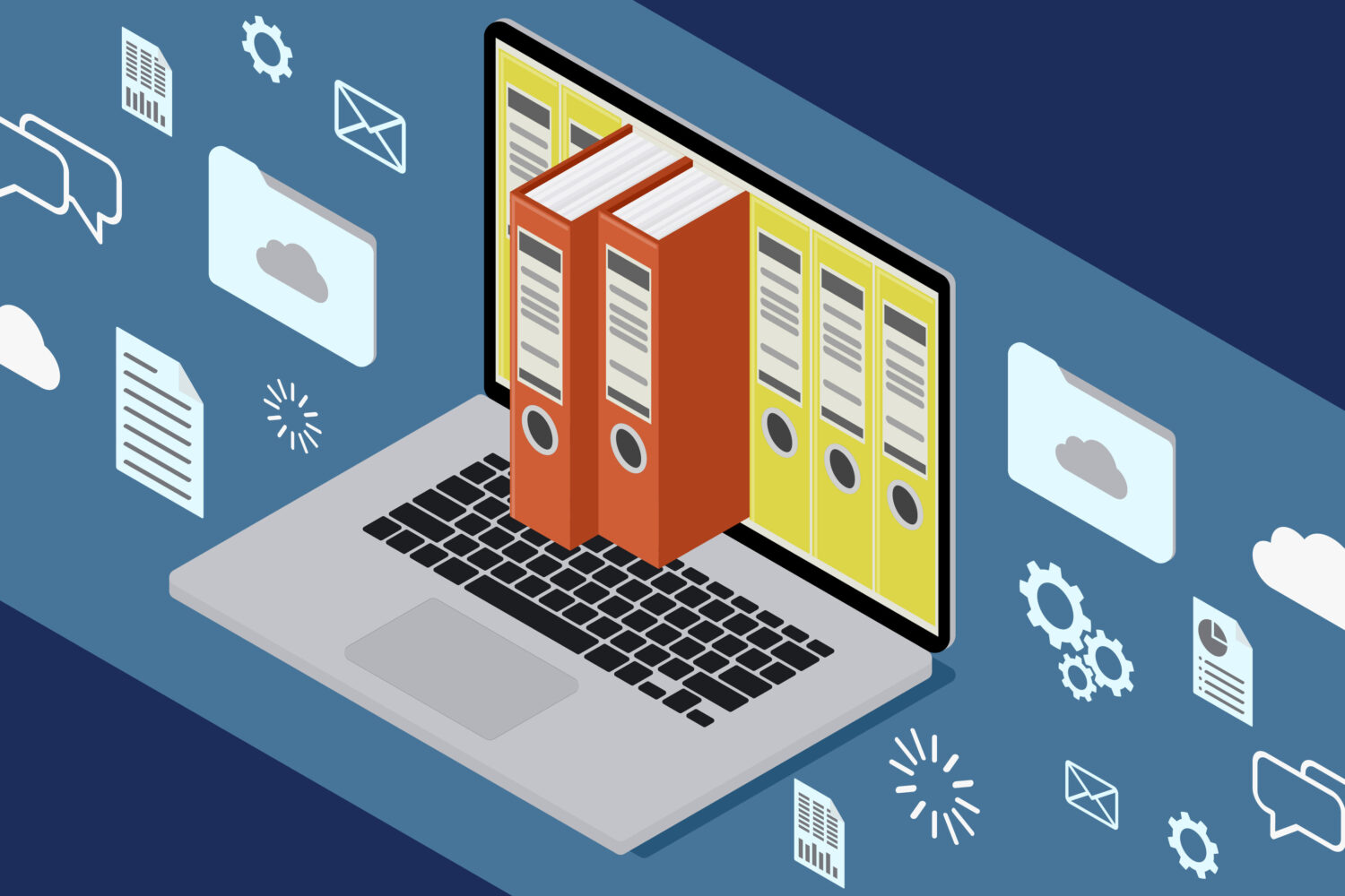 Laptop mit Ordnern auf dem Bildschirm, umgeben von digitalen Symbolen.