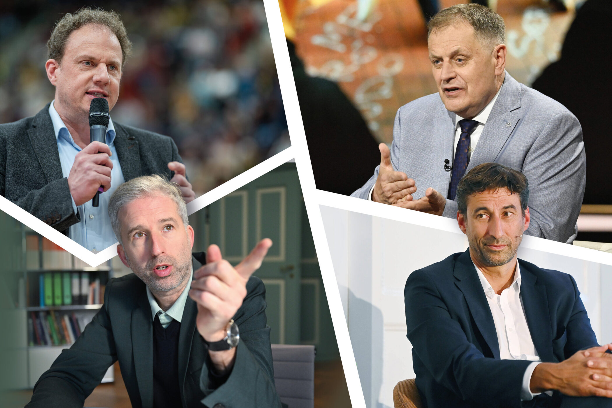 Vier Männer in Anzügen, jeweils in Gesprächssituationen.