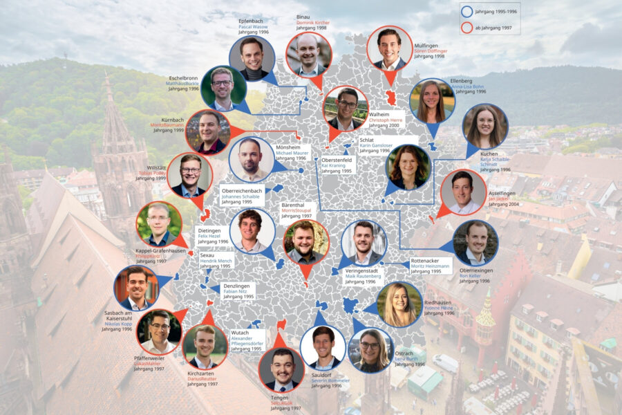 Karte mit Porträts von Personen, farbige Markierungen und Ortsnamen. Hintergrund: Stadtansicht.