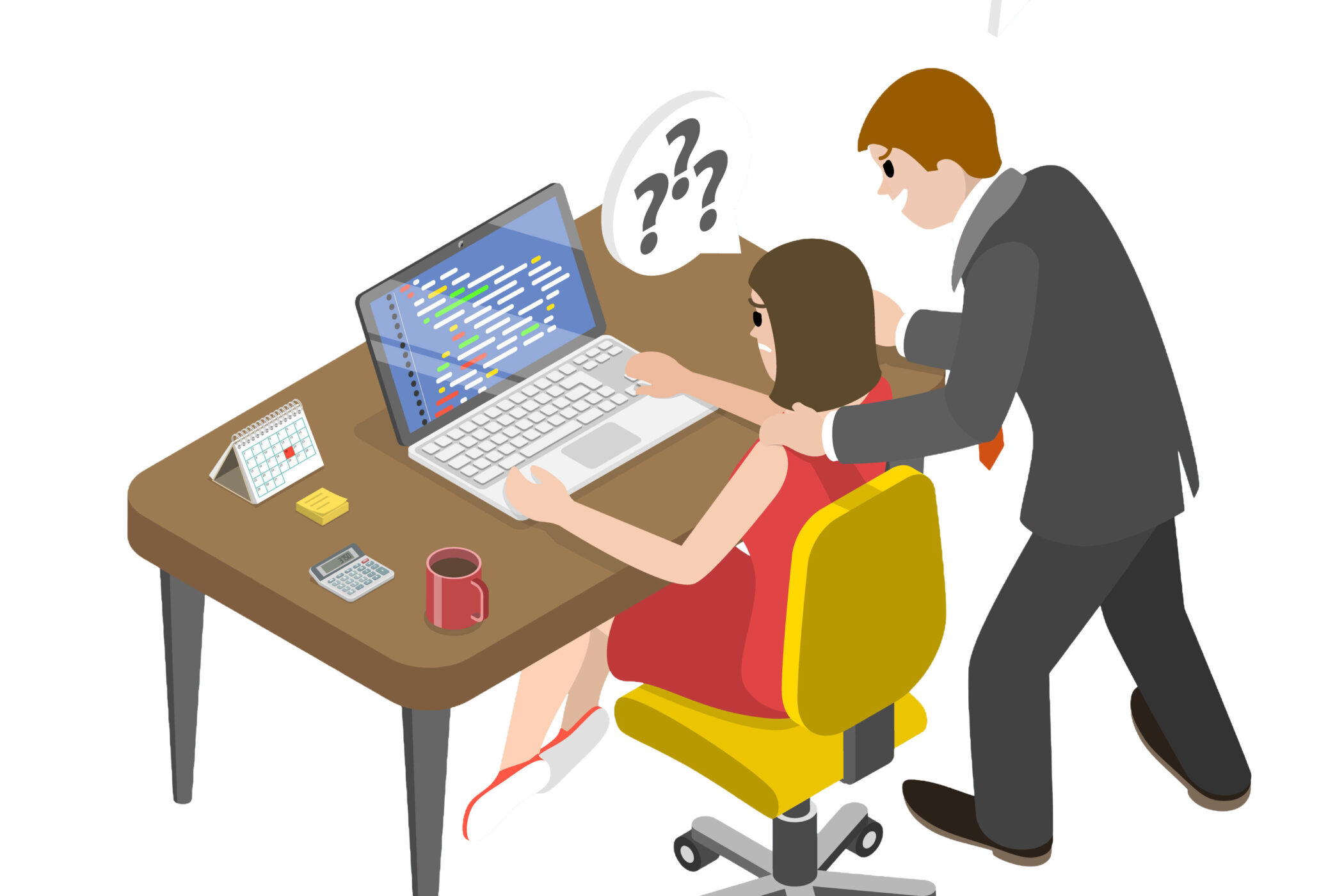 Frau am Schreibtisch mit Laptop, Mann steht dahinter, Herz- und Fragezeichen-Symbole.