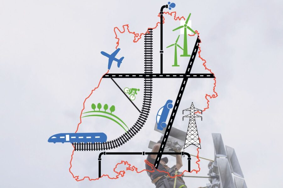 Umriss einer Region mit Symbolen für Verkehr und Energie.