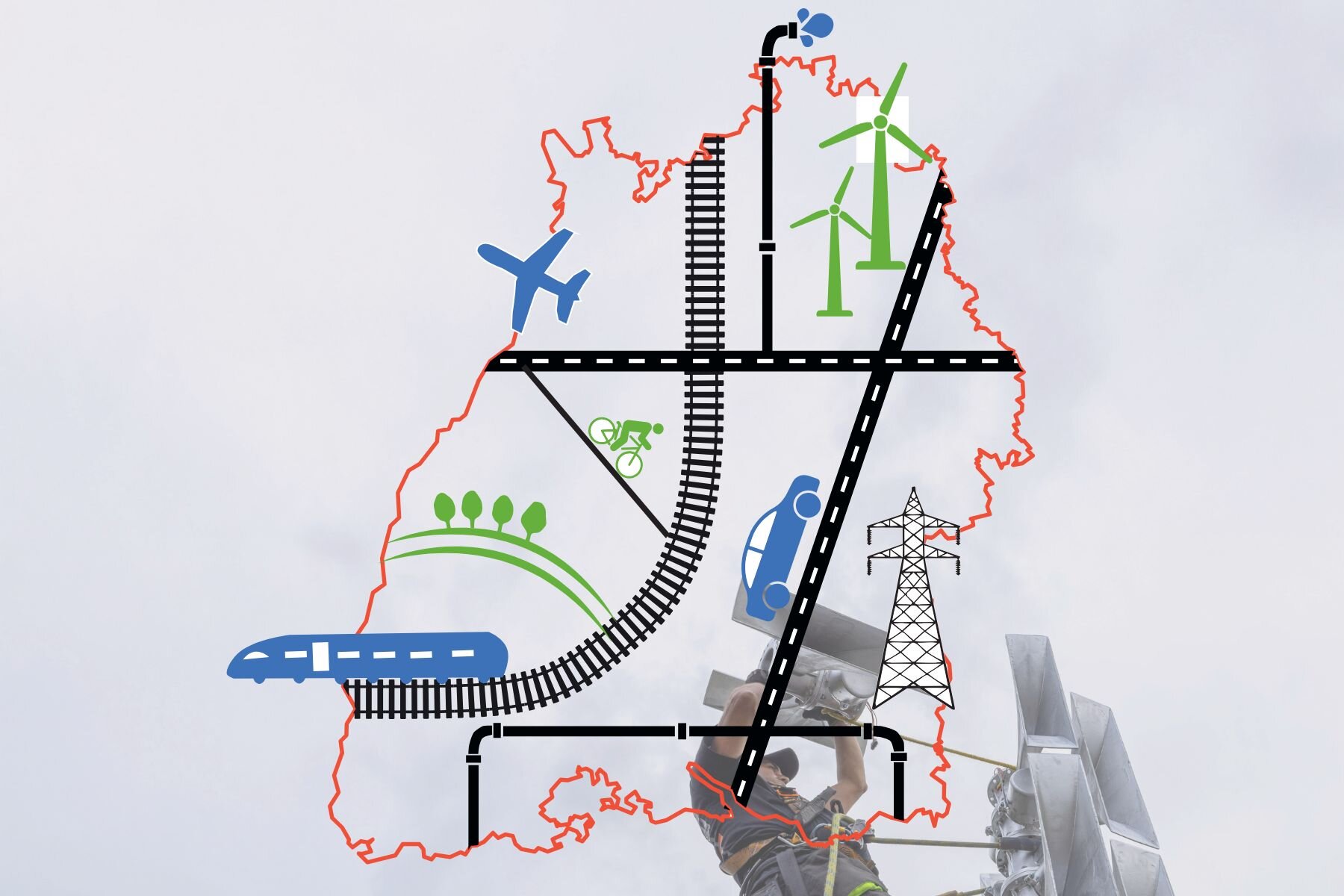 Umriss einer Region mit Symbolen für Verkehr und Energie.