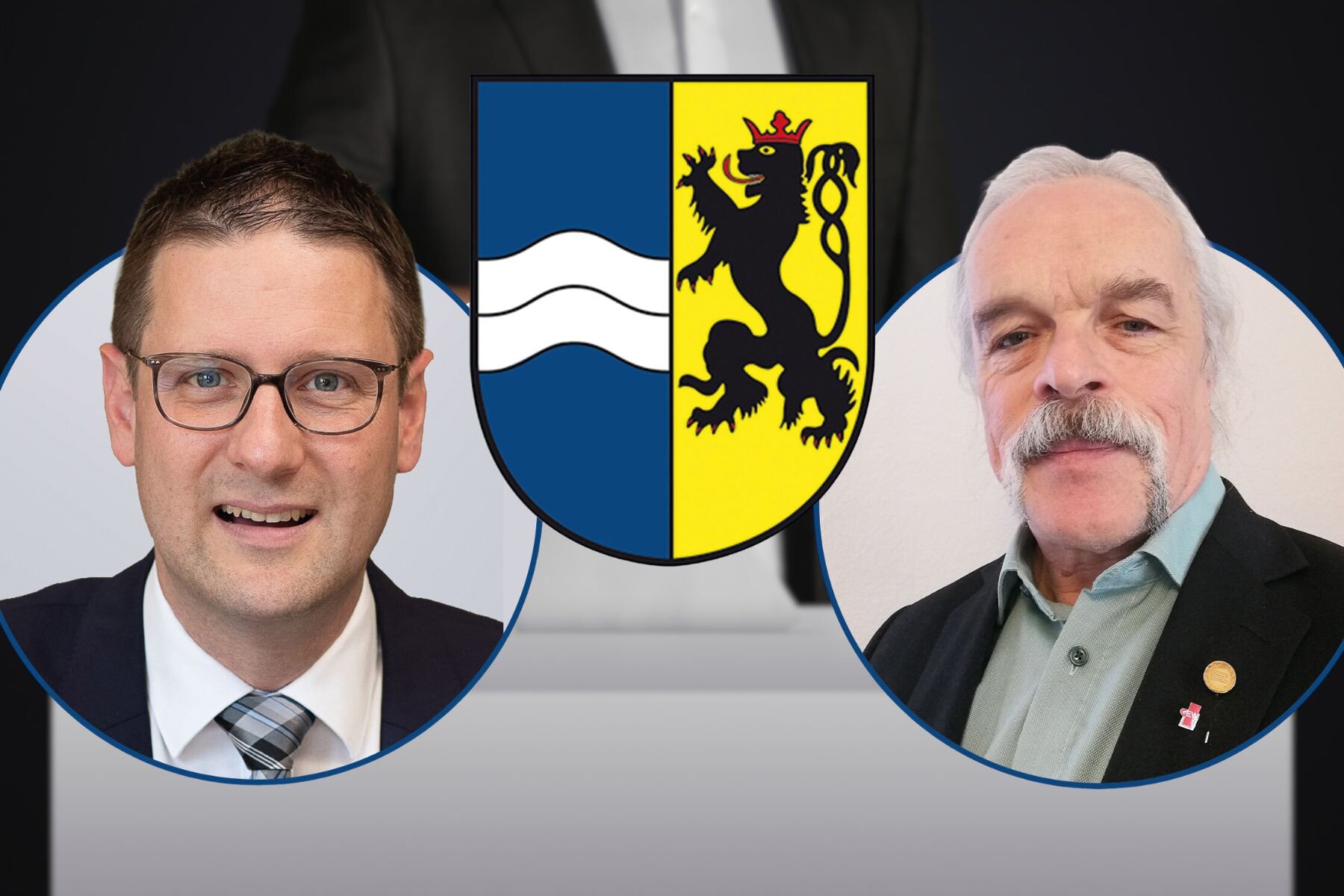 Zwei Männer in Anzügen, dazwischen ein Wappen mit Löwe und Wellen.