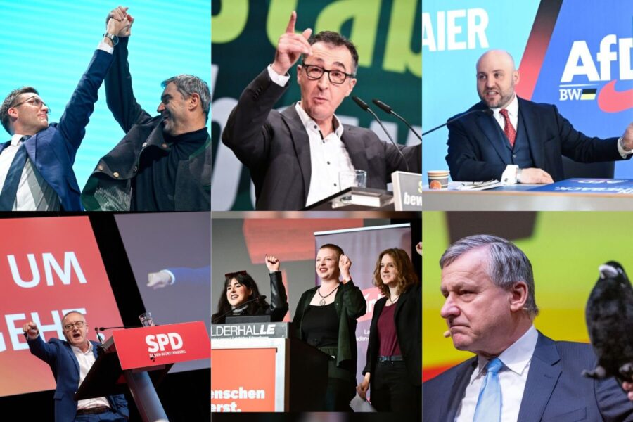 Sechs Personen bei politischen Veranstaltungen, einige mit erhobenen Fäusten.