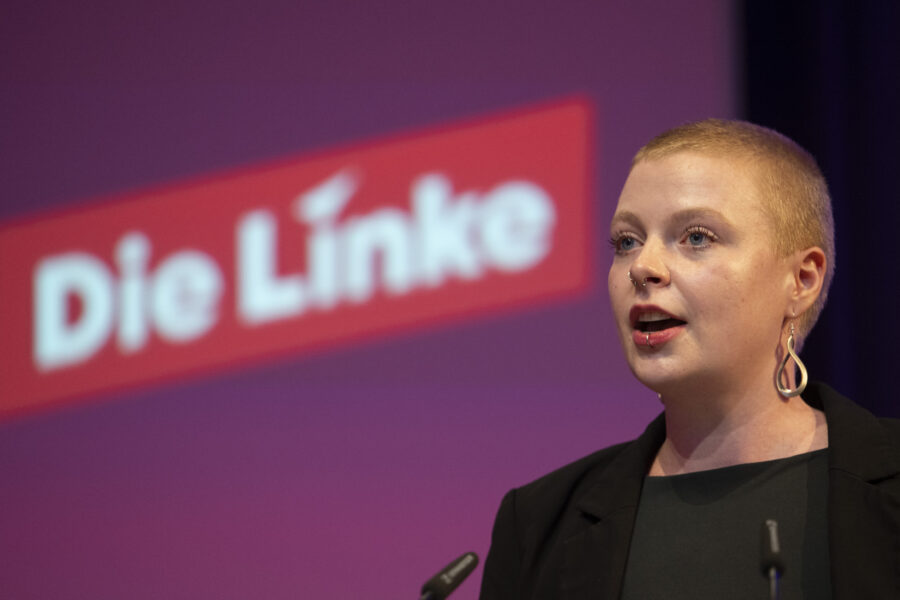 Eine Person spricht vor einem Mikrofon, im Hintergrund das Logo "Die Linke".
