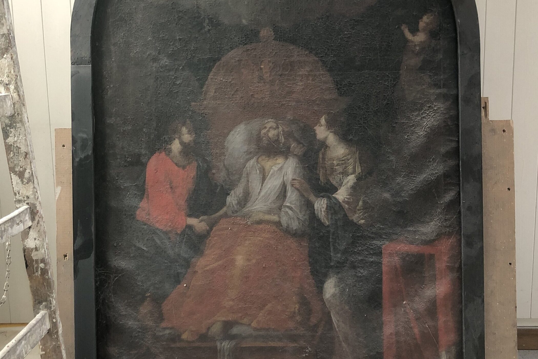 Gemälde mit drei Personen, eine liegt im Bett, zwei sitzen daneben. Leiter links.