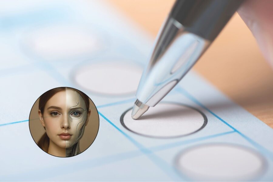 Kugelschreiber über kreisförmigem Kästchen, halb Mensch, halb Roboter im Kreis.