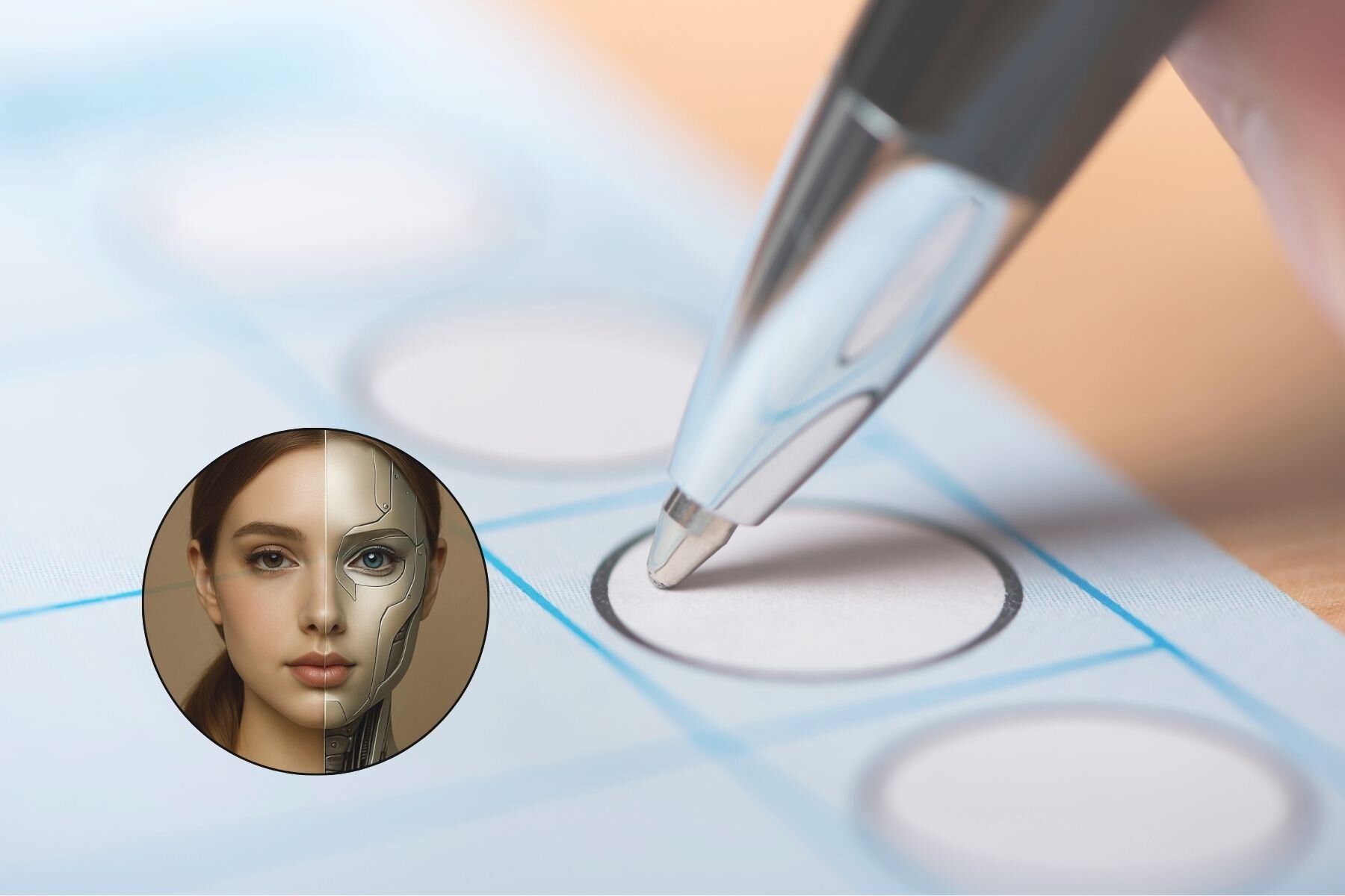 Kugelschreiber über kreisförmigem Kästchen, halb Mensch, halb Roboter im Kreis.