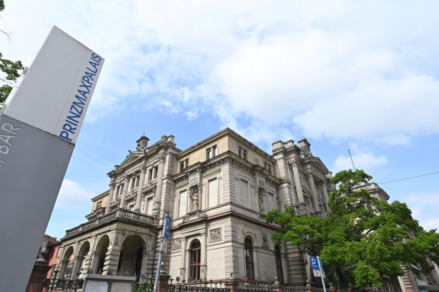 Historisches Gebäude mit Säulen, Baum rechts, Schild "PRINZMAXPALIAS" links.