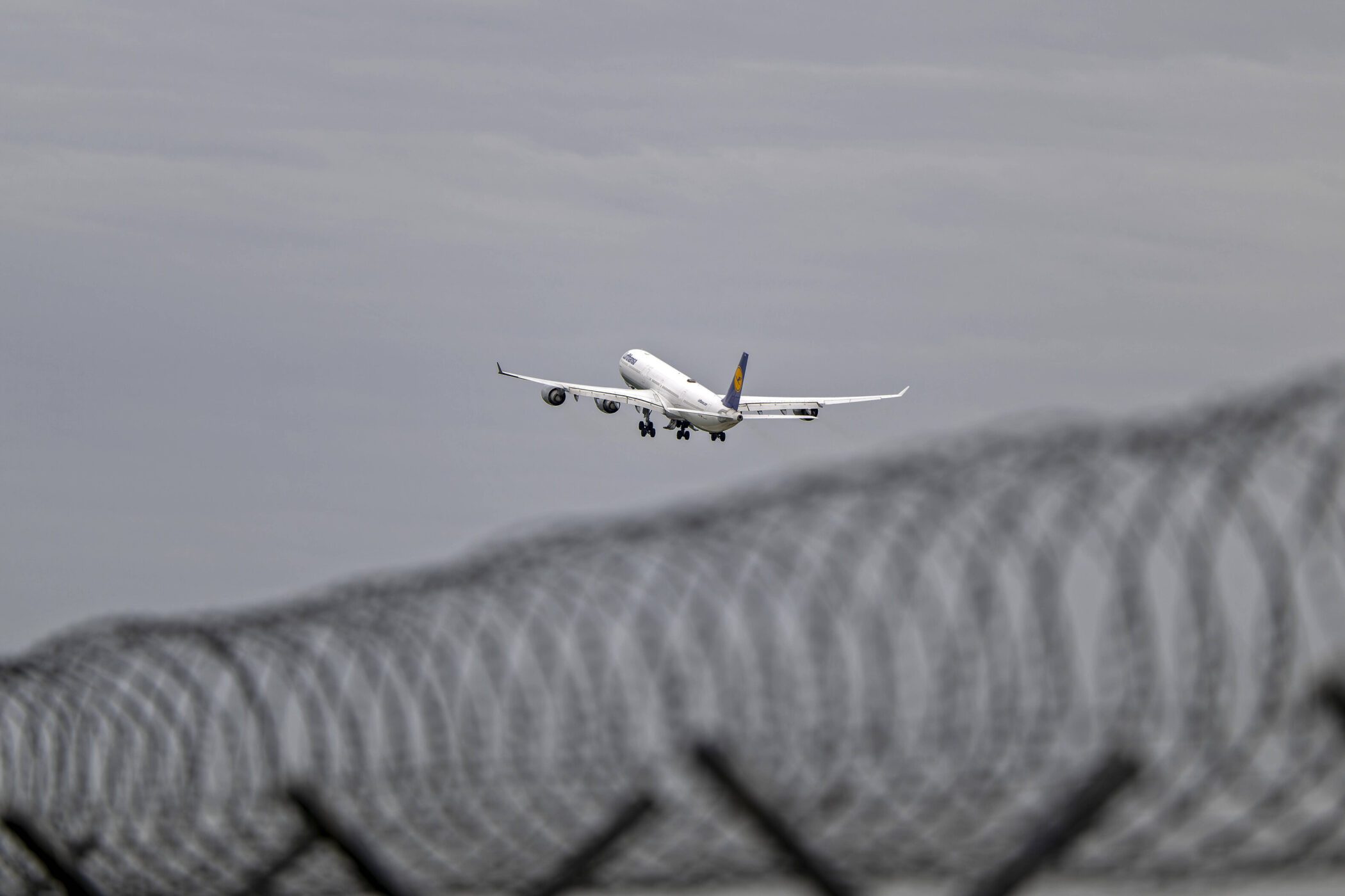 Flugzeug im Flug, im Vordergrund unscharfer Stacheldrahtzaun.