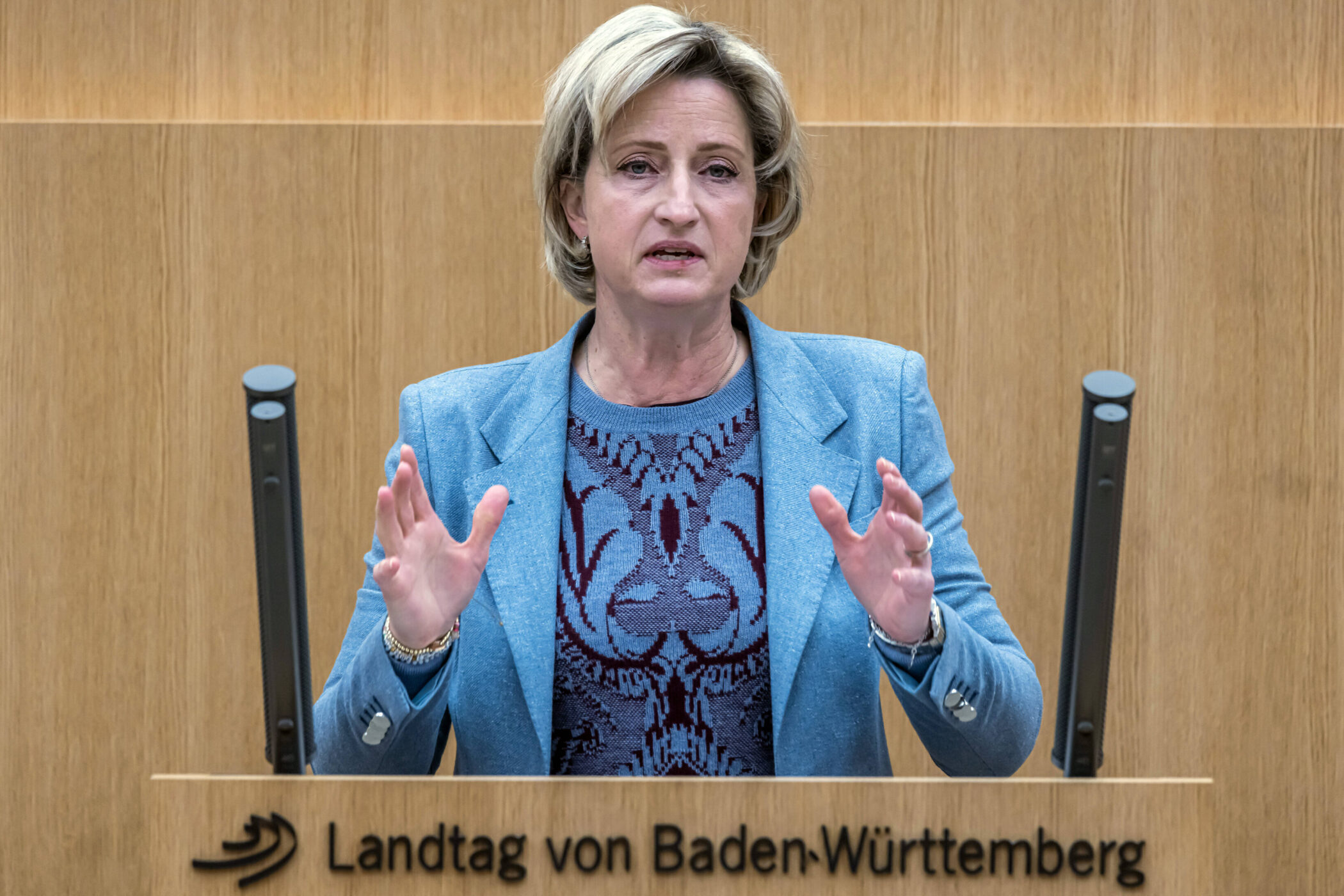 Frau in blauem Blazer spricht im Landtag von Baden-Württemberg.