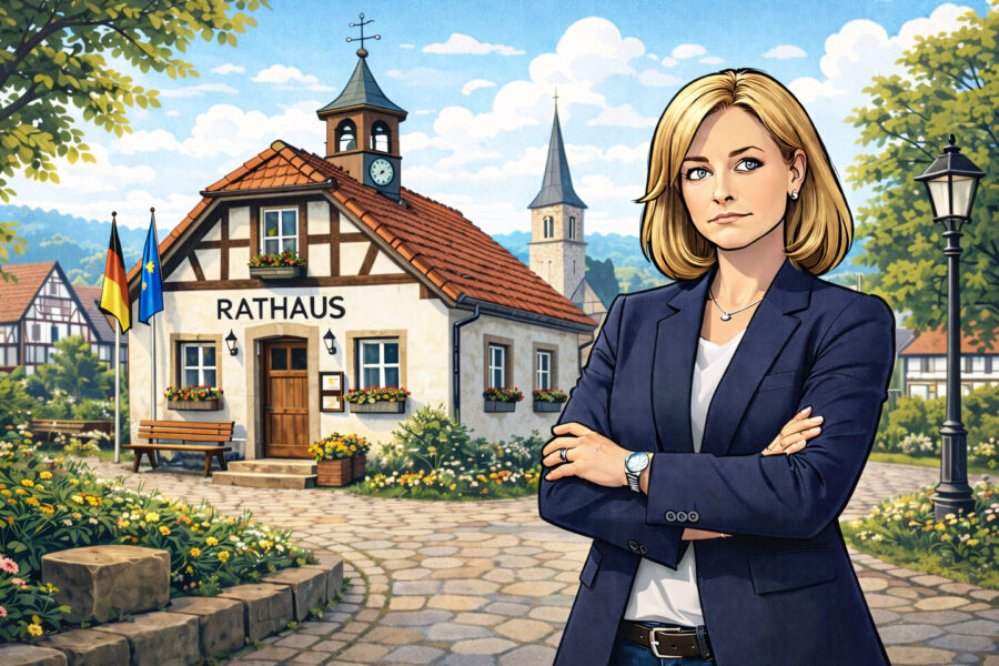 Frau vor Fachwerk-Rathaus mit deutschen und EU-Flaggen, im Hintergrund Kirchturm.