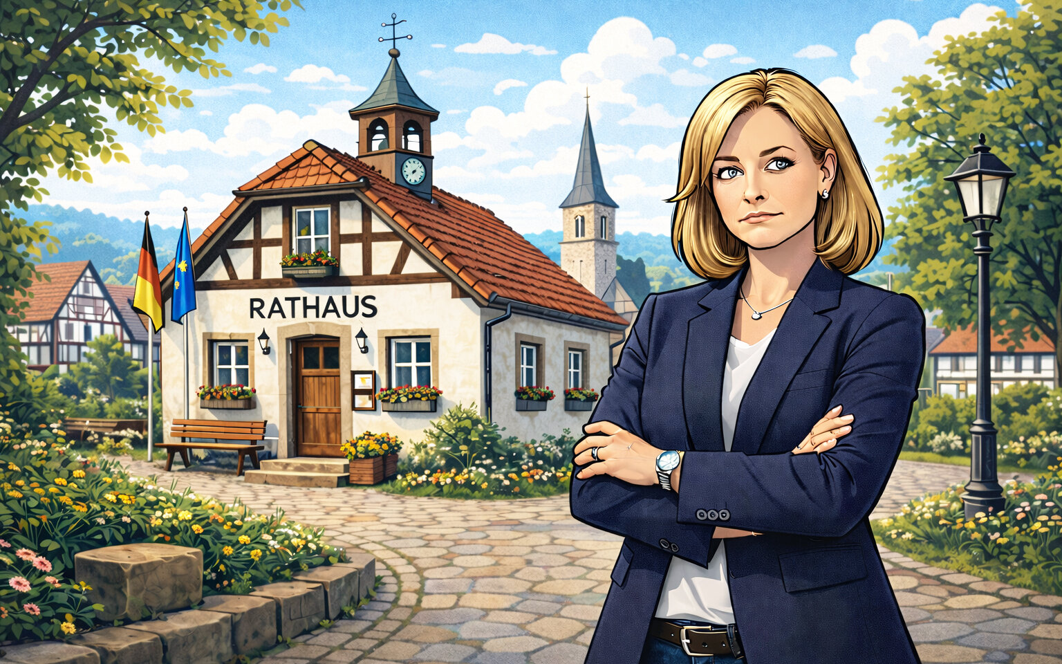 Frau vor Fachwerk-Rathaus mit deutschen und EU-Flaggen, im Hintergrund Kirchturm.