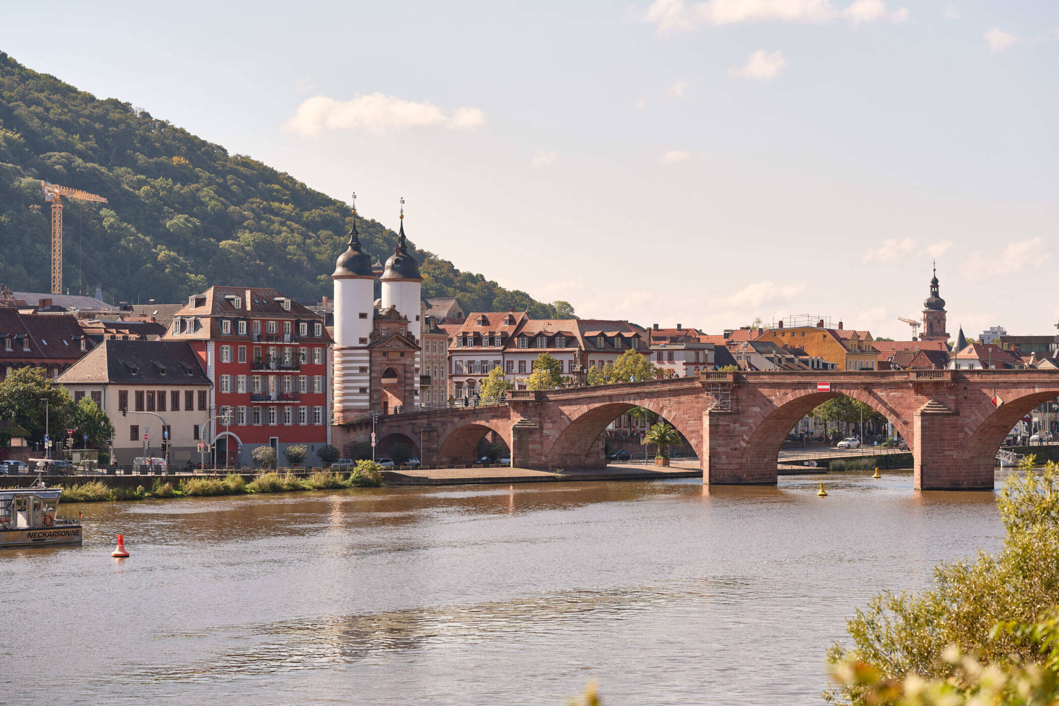 Steinbrücke über Fluss, historische Gebäude im Hintergrund, bewaldeter Hügel.