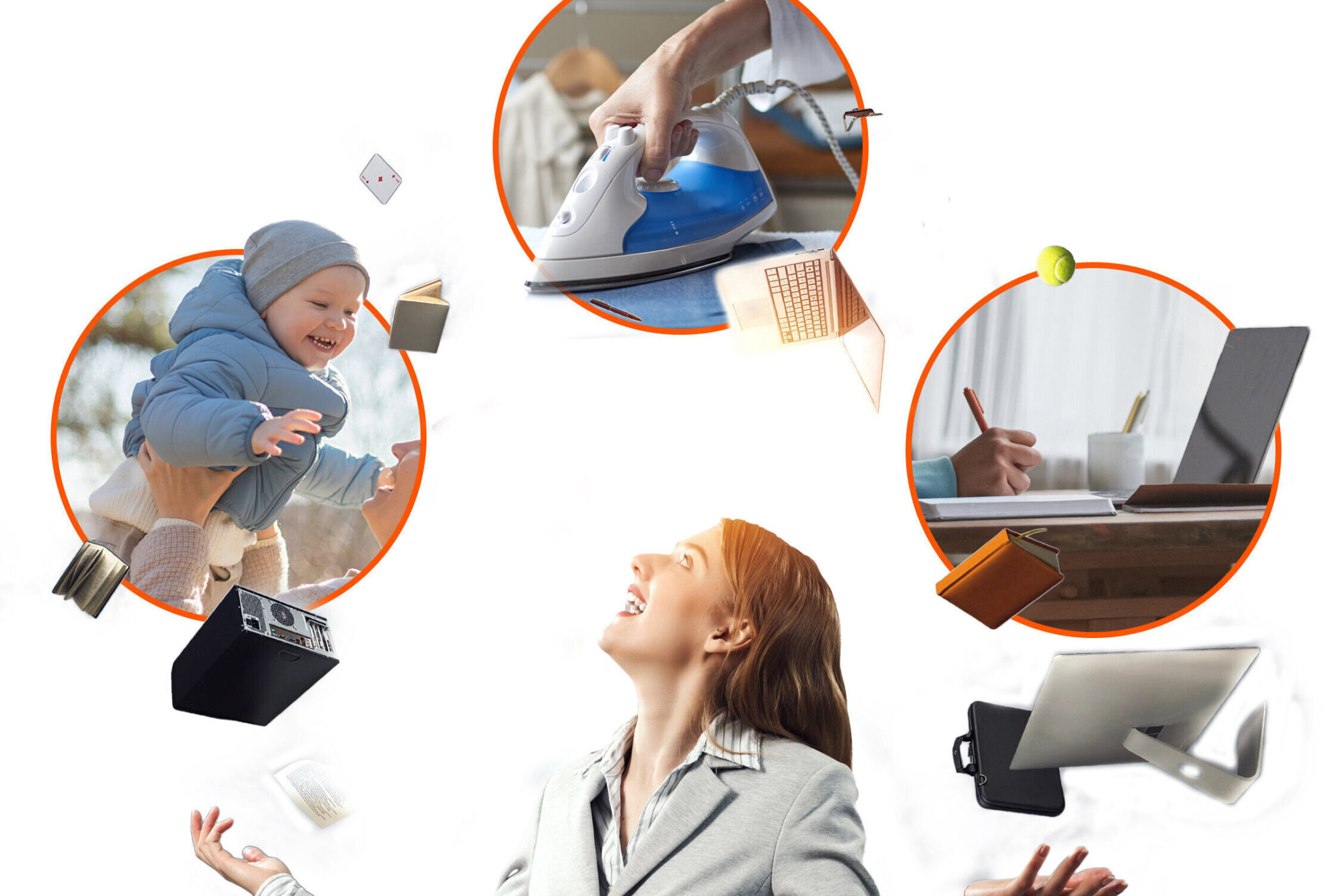 Frau jongliert mit Büroartikeln, Baby, Bügeln, Laptop, Notizbuch und Kaffeetasse.