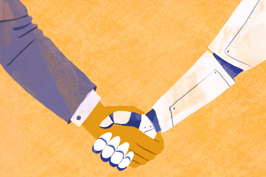 Menschlicher Arm und Roboterarm schütteln sich die Hände vor orangefarbenem Hintergrund.