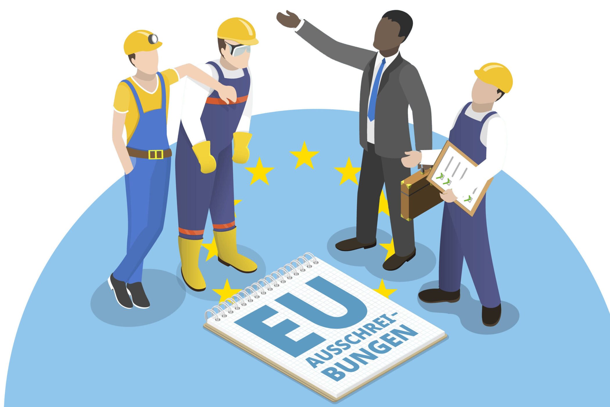 Vier Personen stehen um ein Notizbuch mit der Aufschrift "EU Ausschreibungen".