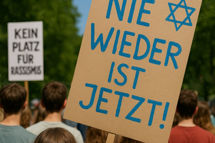 Menschen mit Schildern: "NIE WIEDER IST JETZT!" und "KEIN PLATZ FÜR RASSISMUS".