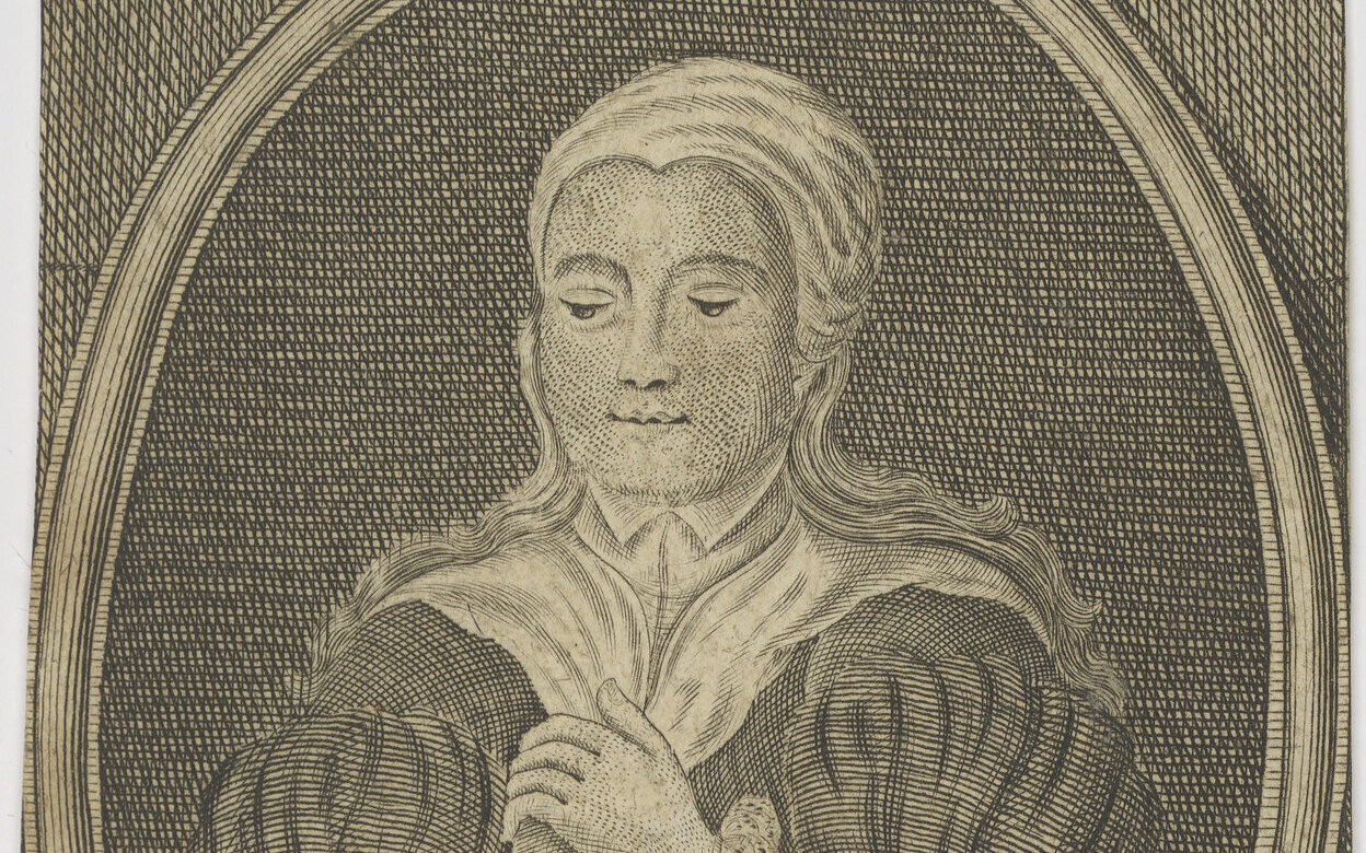 Porträt einer Person mit Haube und gefalteten Händen, in einem ovalen Rahmen.