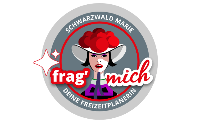 Schwarzwald Marie mit rotem Hut, Text: "frag' mich, deine Freizeitplanerin".