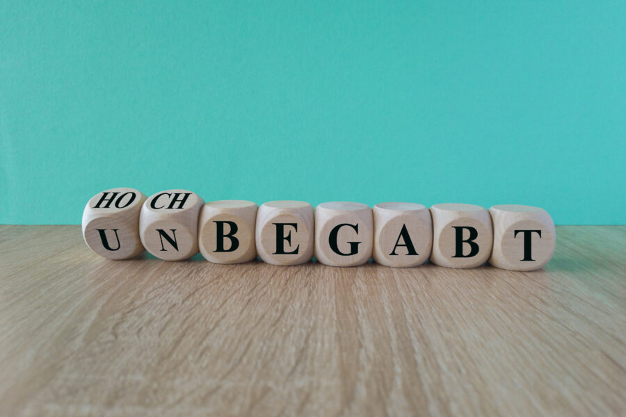 Holzblöcke mit den Buchstaben "HOCH" und "UNBEGABT" auf Holzfläche.