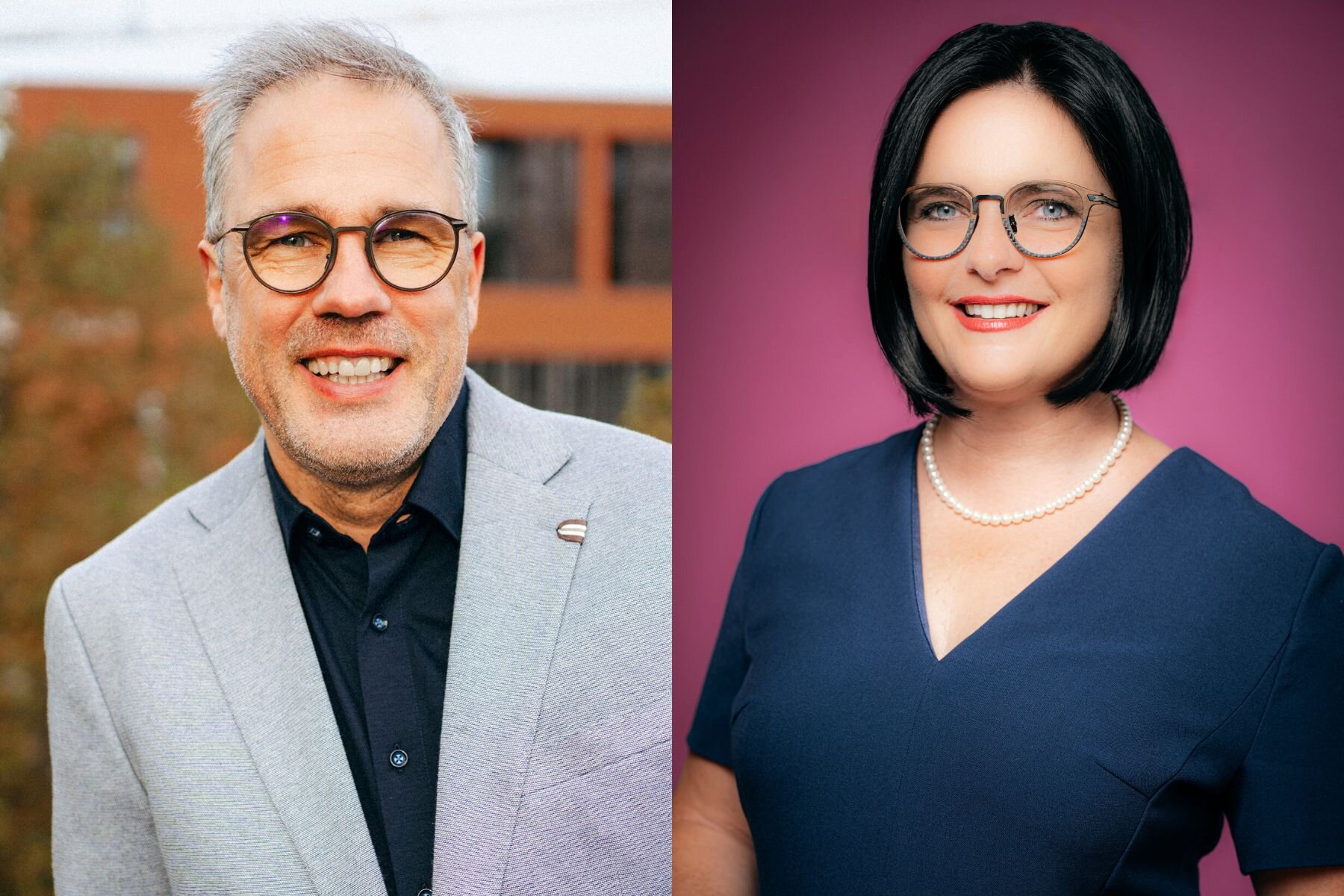 Zwei Personen mit Brillen, Mann links im grauen Anzug, Frau rechts im blauen Kleid.