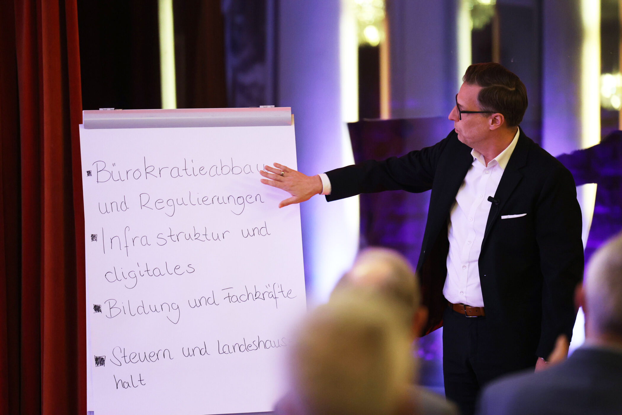 Mann in Anzug zeigt auf Flipchart mit Stichpunkten zu Bürokratie und Infrastruktur.