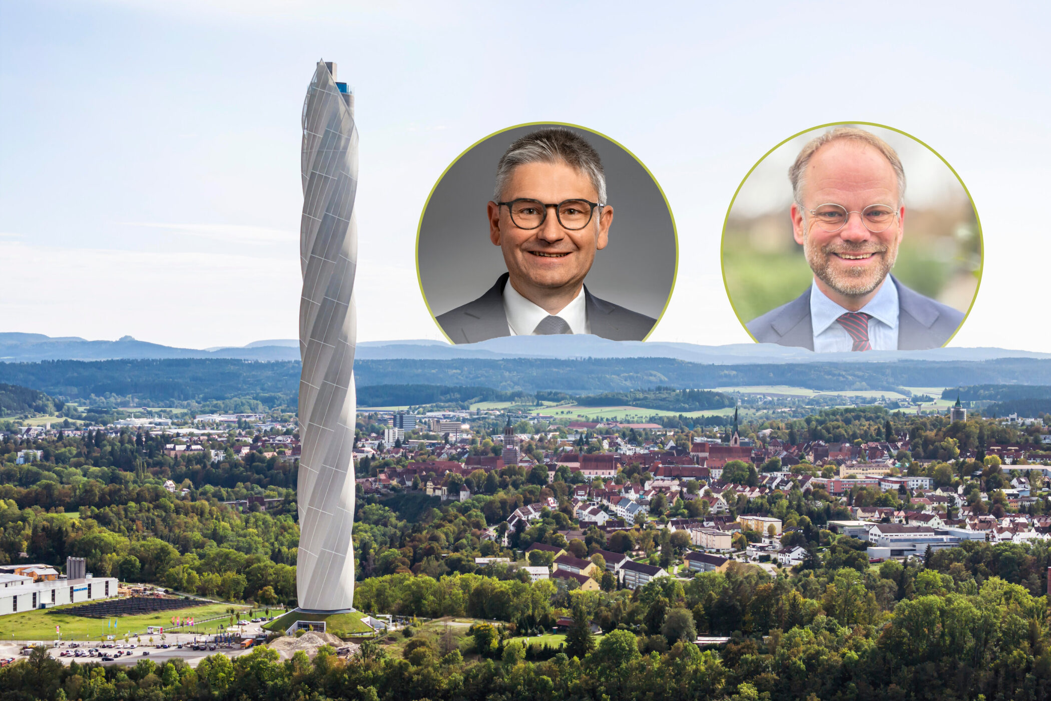 Landschaft mit modernem Turm; darüber zwei Porträts von lächelnden Männern.