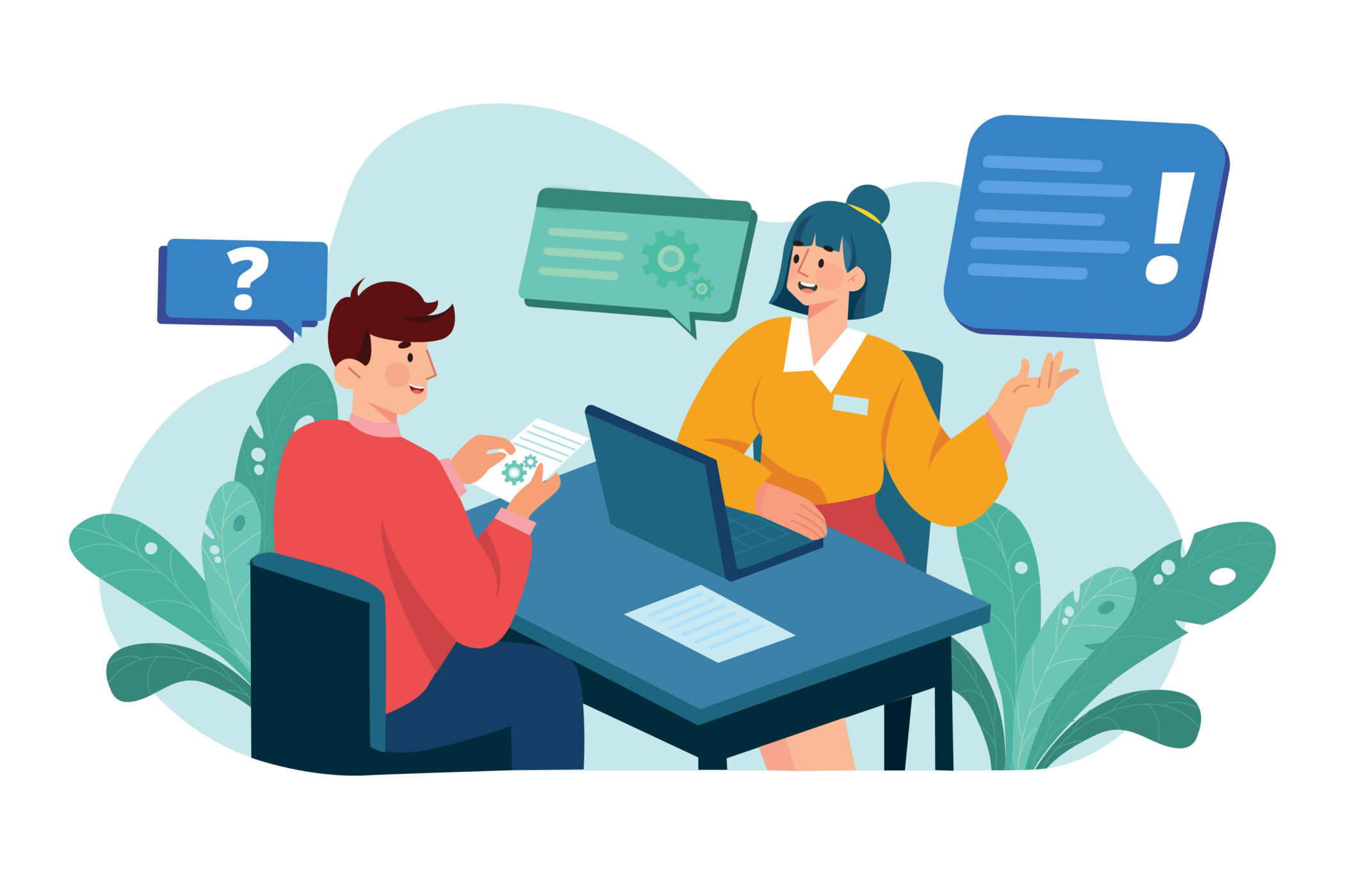 Zwei Personen am Tisch, eine mit Laptop, umgeben von Sprechblasen.