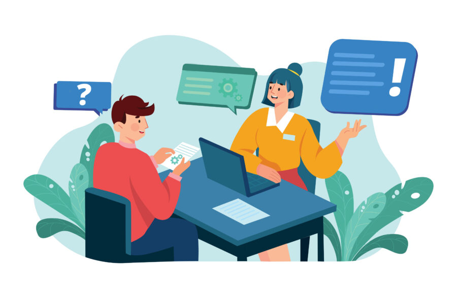 Zwei Personen am Tisch, eine mit Laptop, umgeben von Sprechblasen.