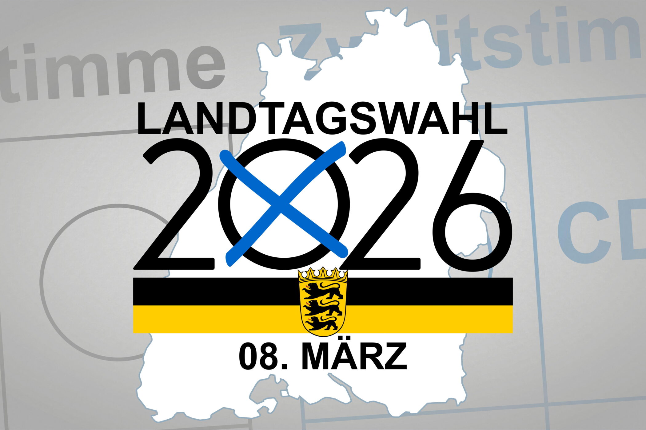 Silhouette von Baden-Württemberg, Text: "Landtagswahl 2026, 08. März".