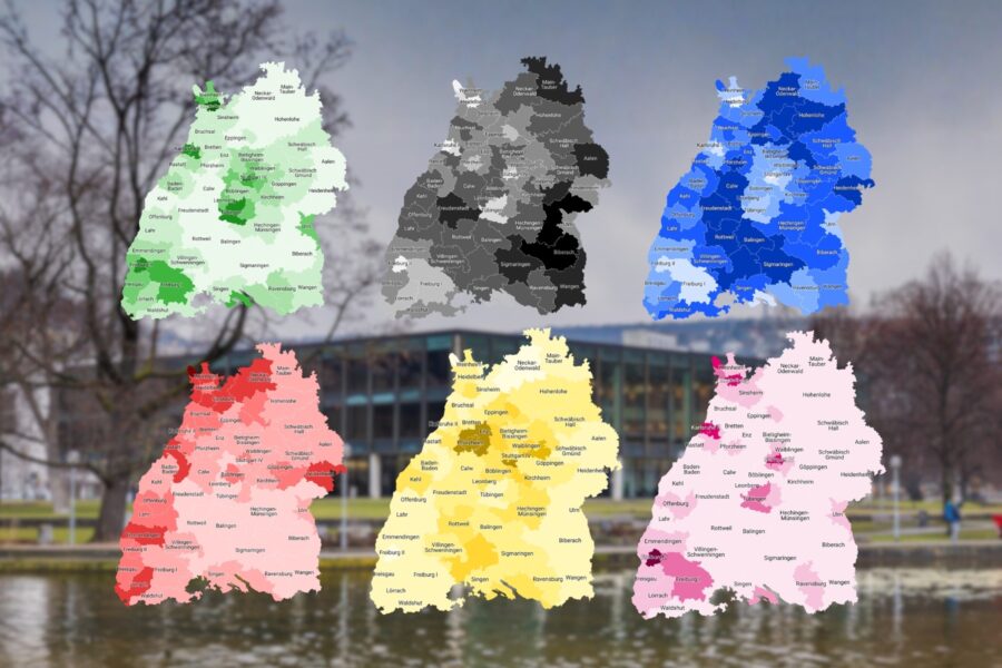 Sechs bunte Karten von Baden-Württemberg vor unscharfem Hintergrund.