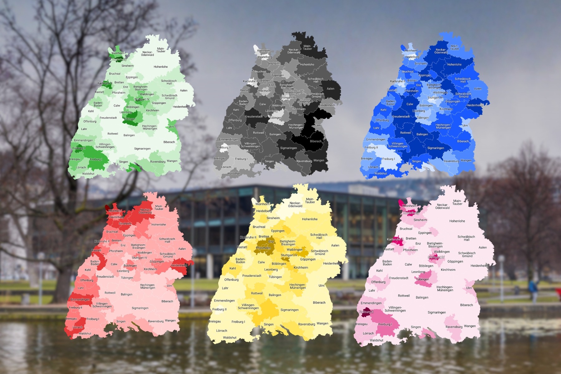 Sechs bunte Karten von Baden-Württemberg vor unscharfem Hintergrund.