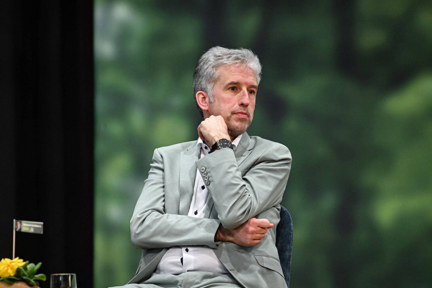 Eine Person im grauen Anzug sitzt, Kinn auf Hand gestützt, vor grünem Hintergrund.