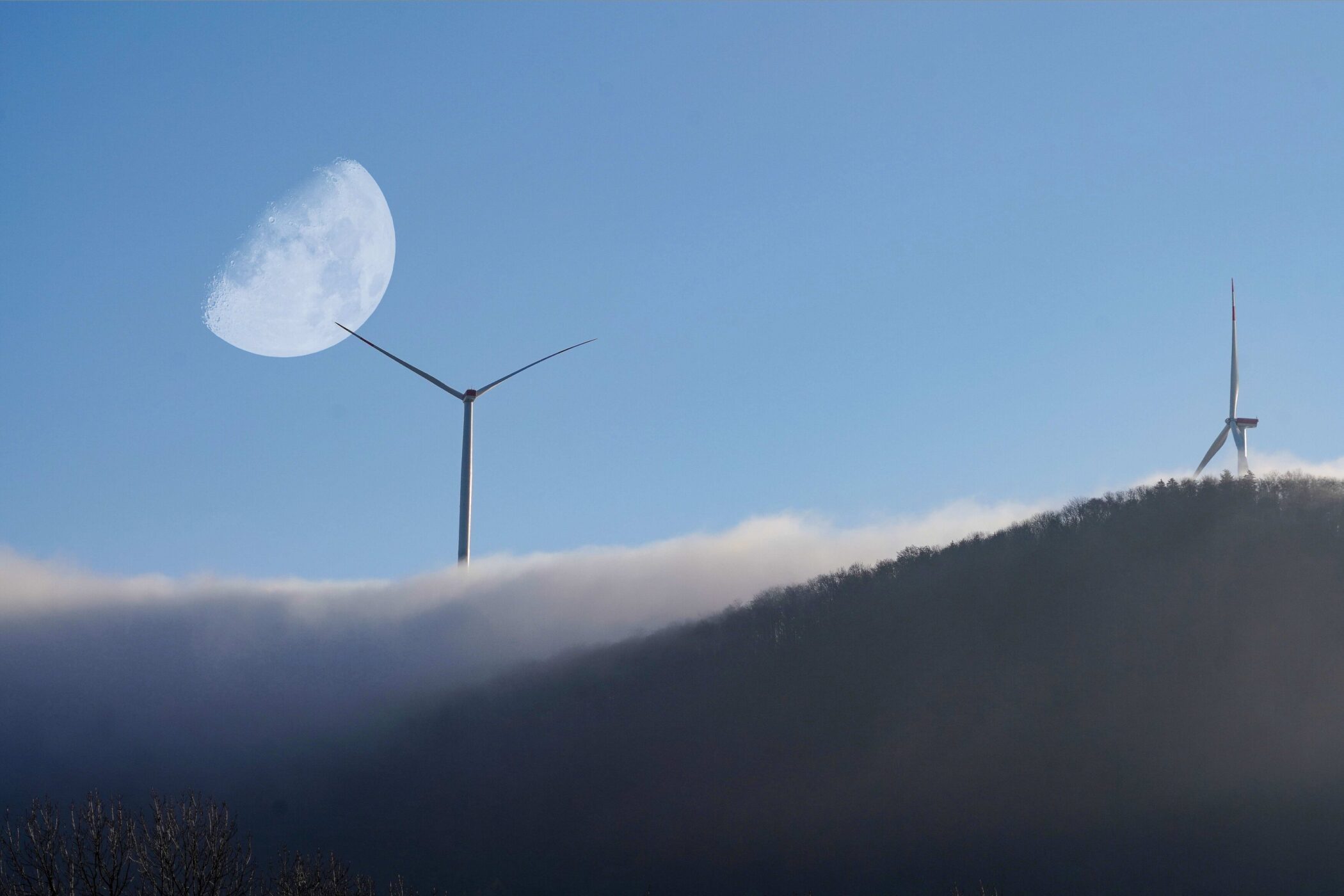 Halbmond am Himmel, Windrad scheint Mond zu berühren, Wald im Vordergrund.