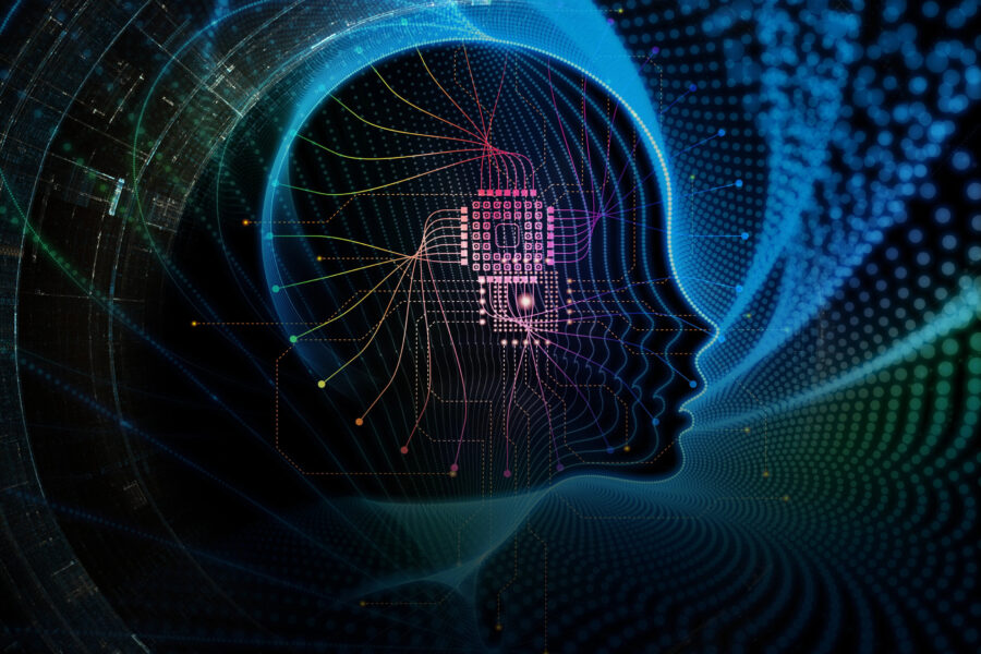 Silhouette eines Kopfes mit digitalem Netzwerk und Linien vor buntem Hintergrund.