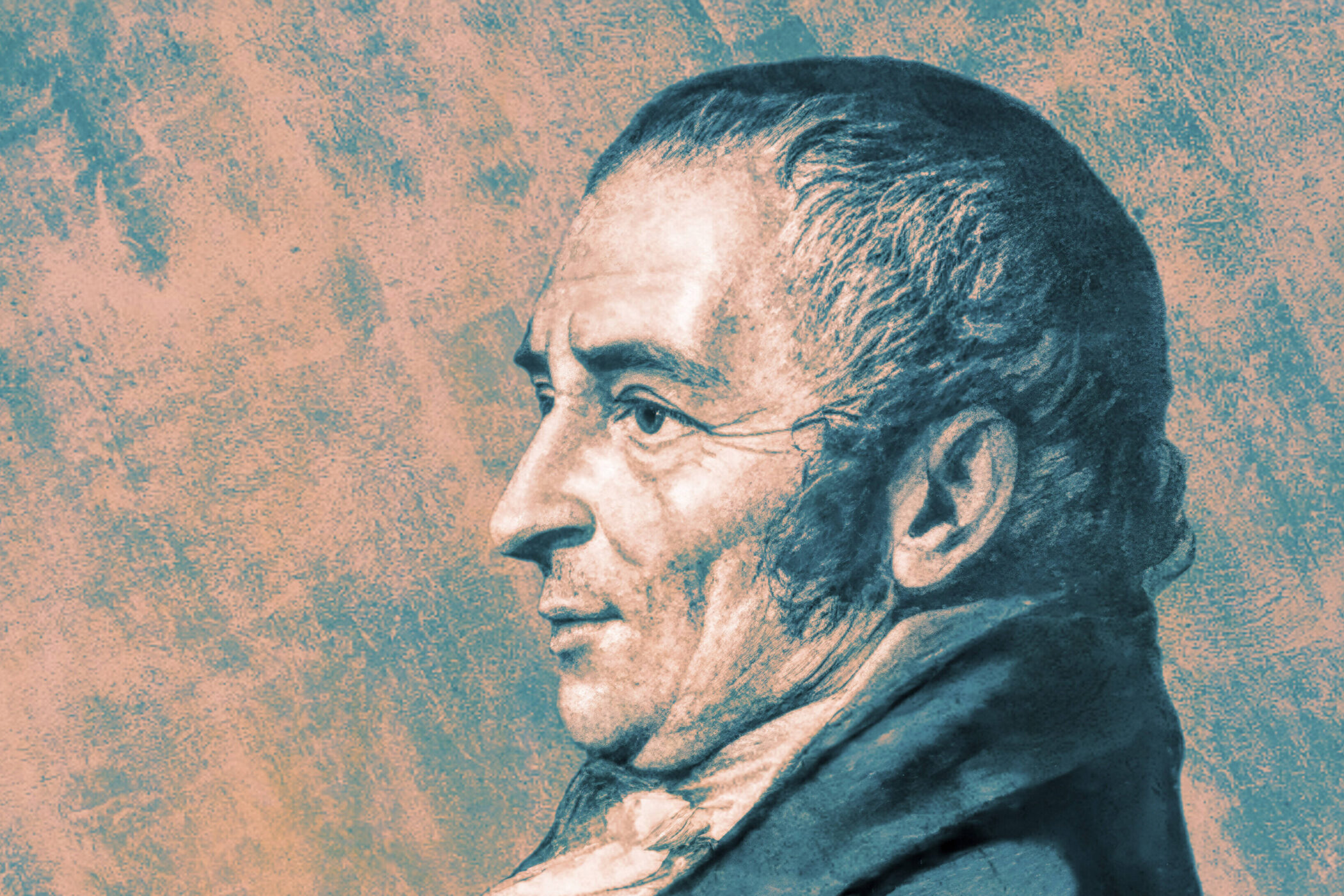 Porträt eines Mannes im Profil mit zurückgekämmtem Haar vor texturiertem Hintergrund.