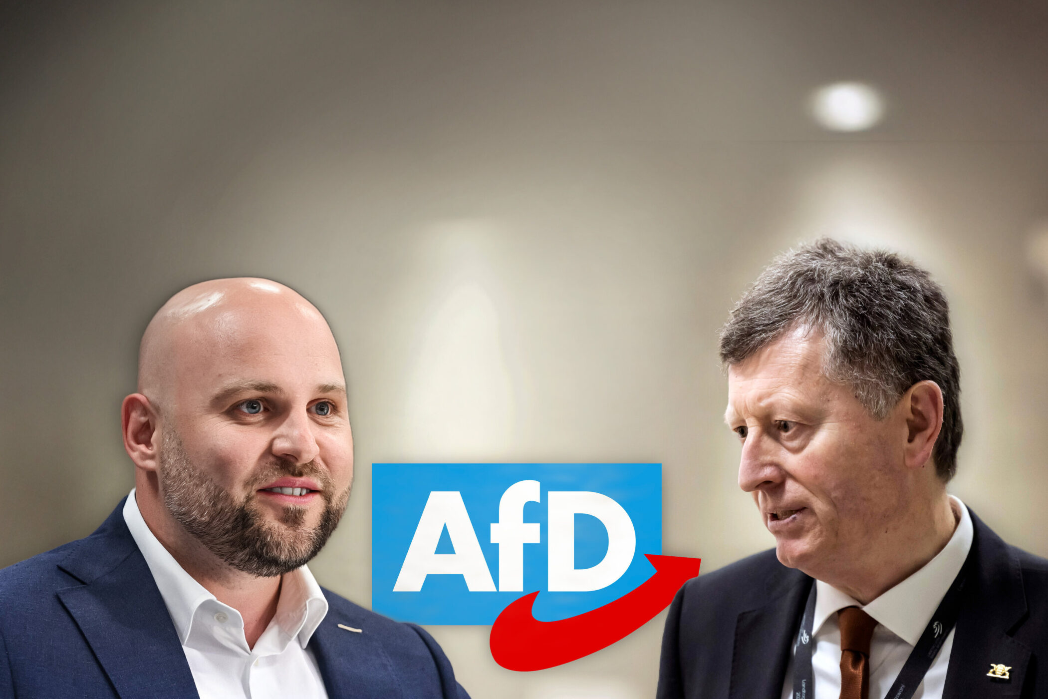 Zwei Männer im Anzug vor einem AfD-Logo.