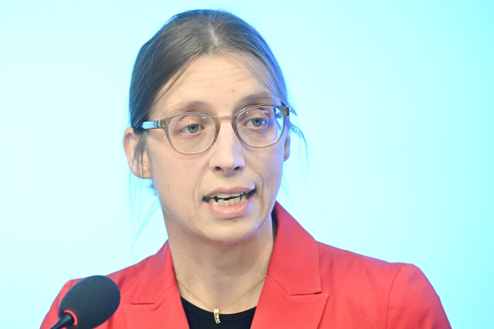 Eine Person mit Brille und rotem Blazer spricht vor einem Mikrofon.