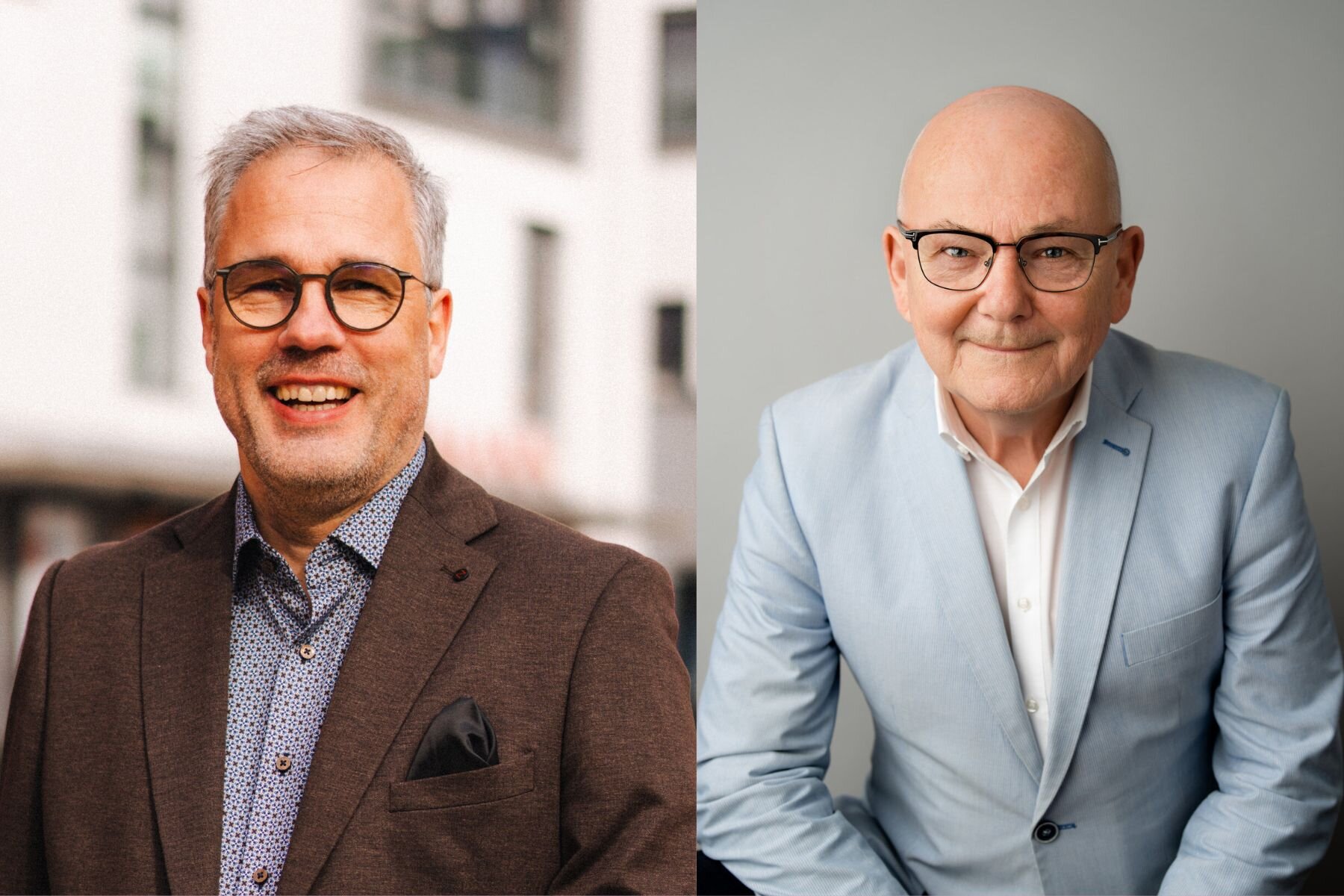 Zwei Männer mit Brillen in Anzügen, einer graumeliert und der andere glatzköpfig.