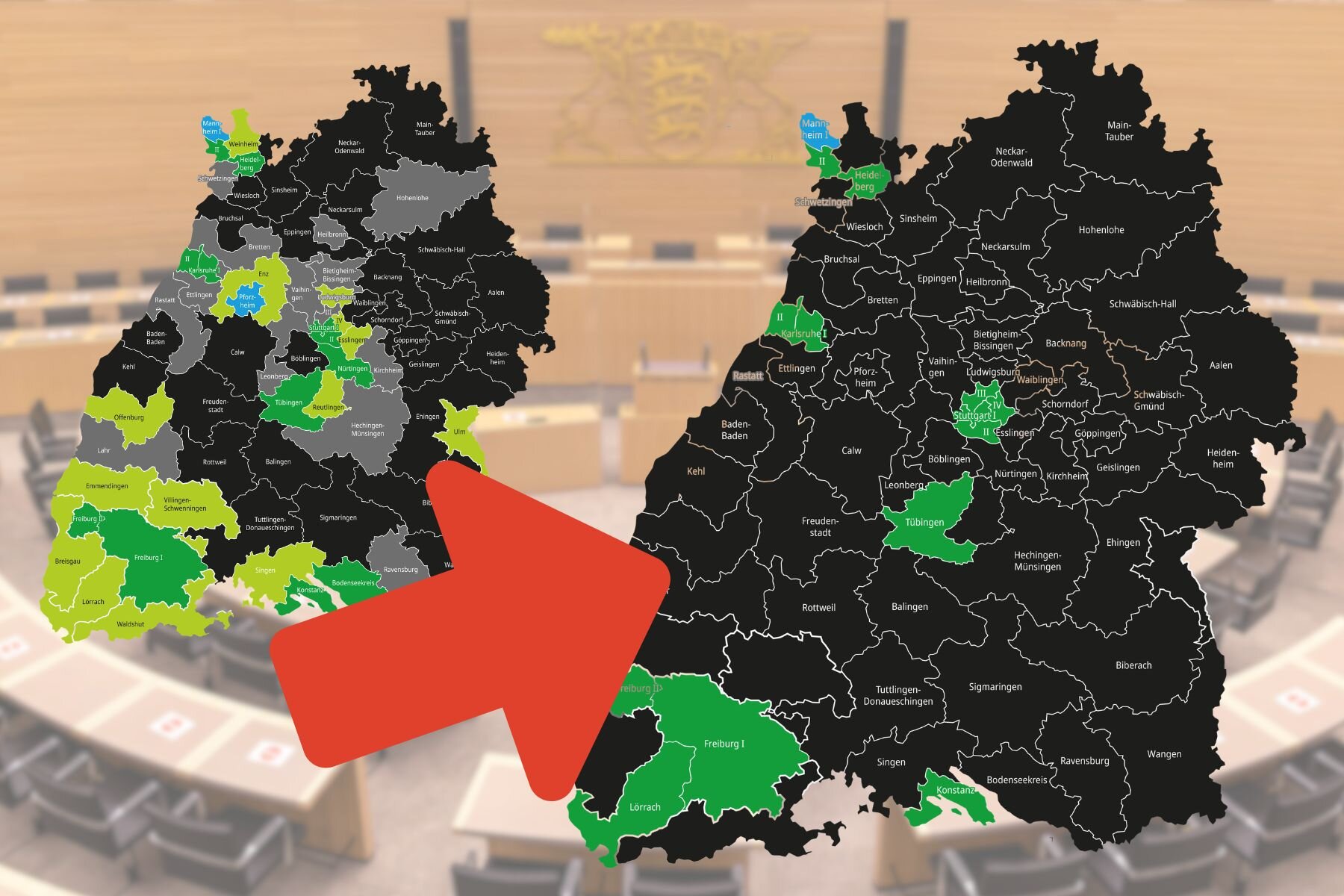 Karte von Baden-Württemberg mit farbigen Wahlkreisen, roter Pfeil zeigt nach rechts.