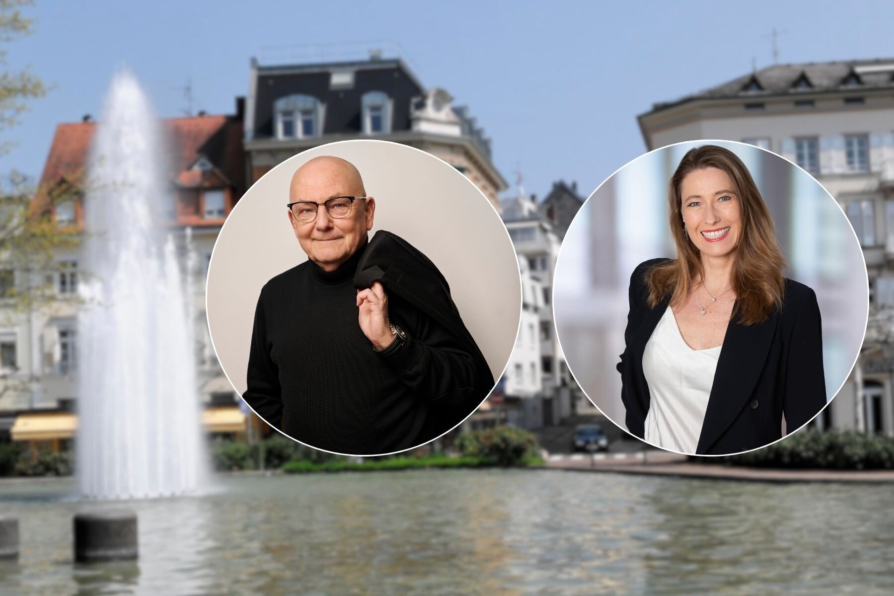 Zwei Personen in kreisförmigen Porträts vor einem Springbrunnen und Gebäuden.