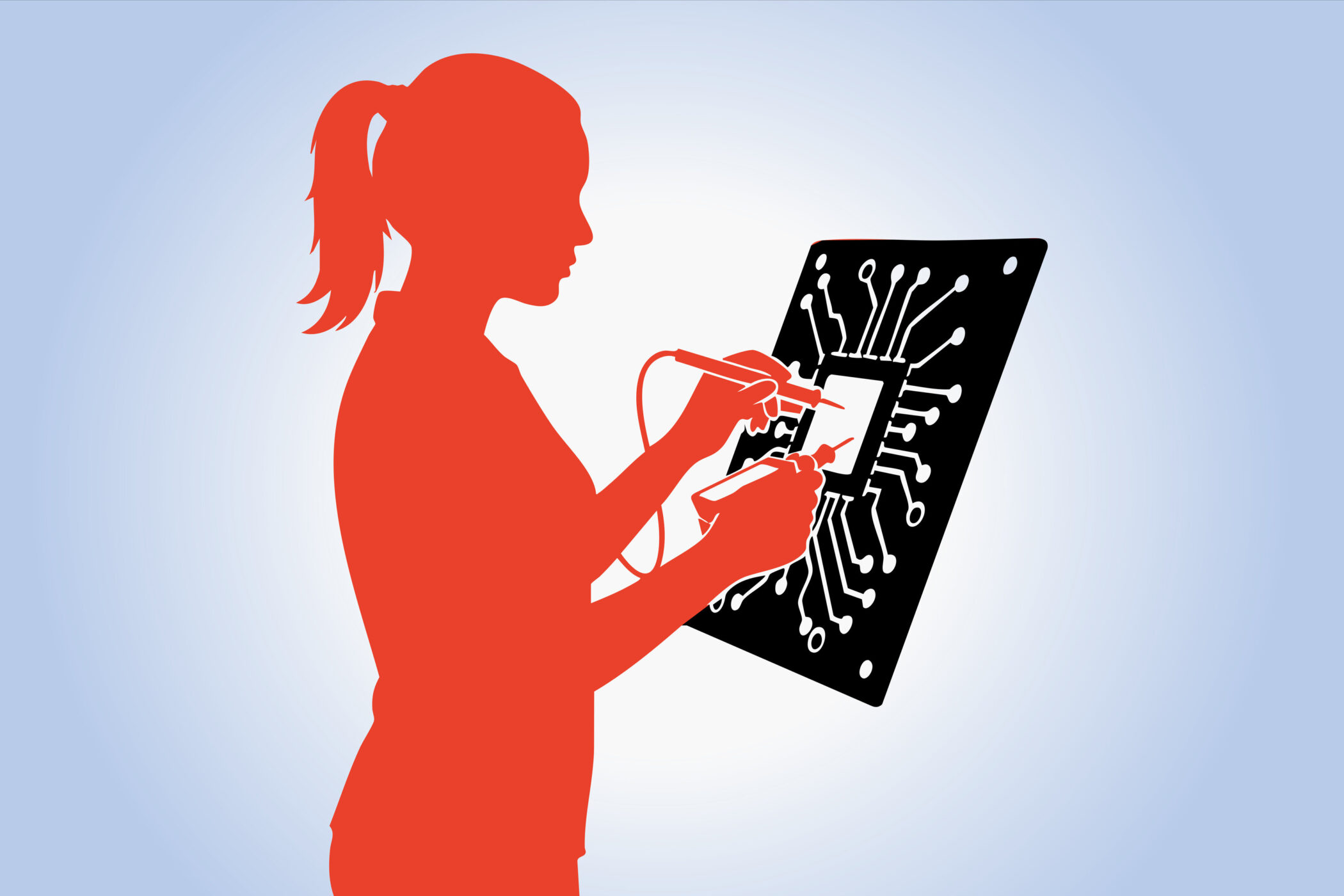 Silhouette einer Person testet eine Elektronikplatine mit Messgerät.