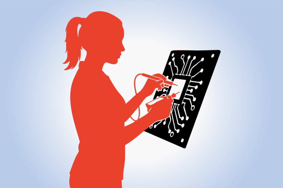 Silhouette einer Person testet eine Elektronikplatine mit Messgerät.