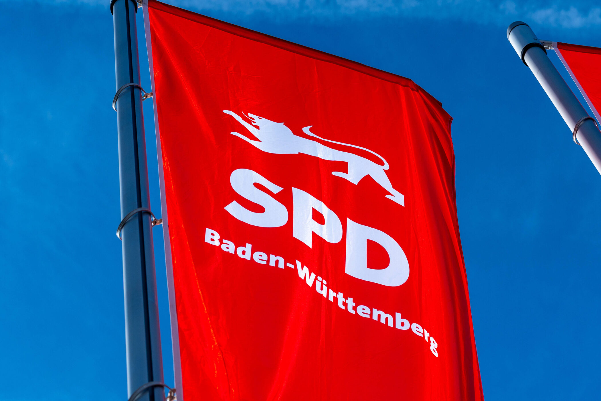 Rote Fahne mit weißem Löwen, Schrift: SPD Baden-Württemberg. Blauer Himmel.
